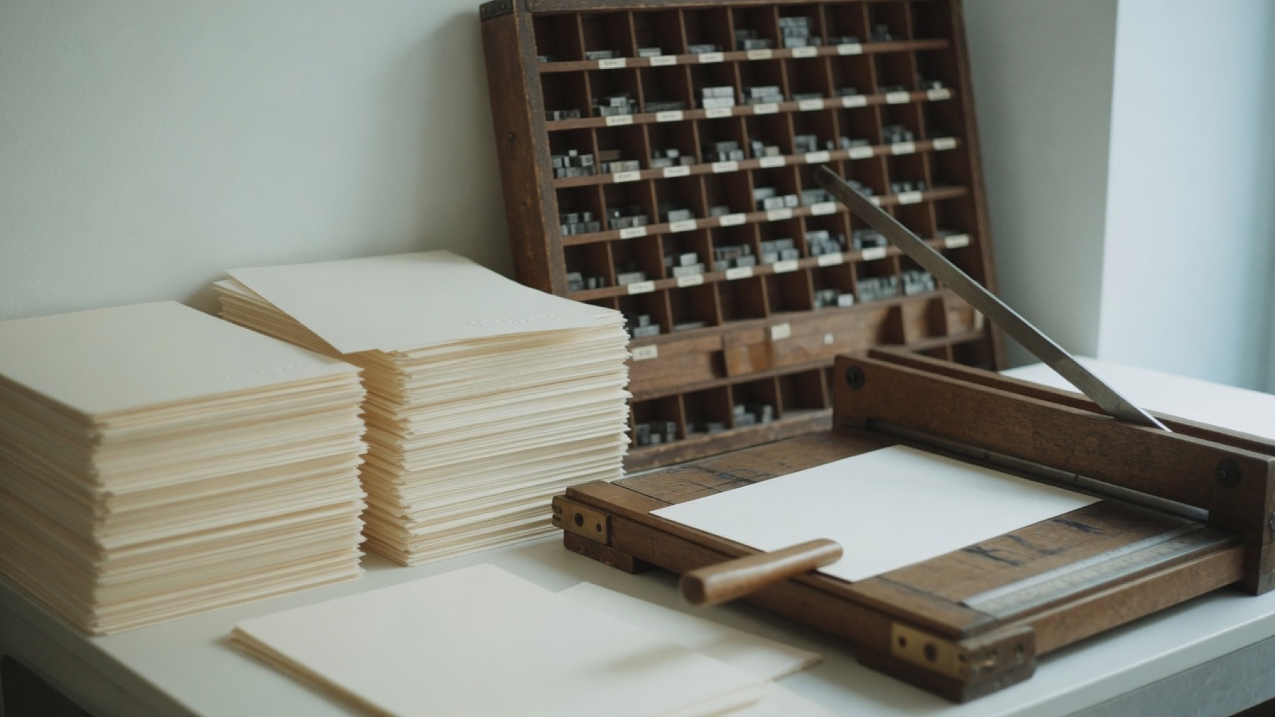 Stacks of blank paper beside a wooden cutter and a type drawer in a print studio.