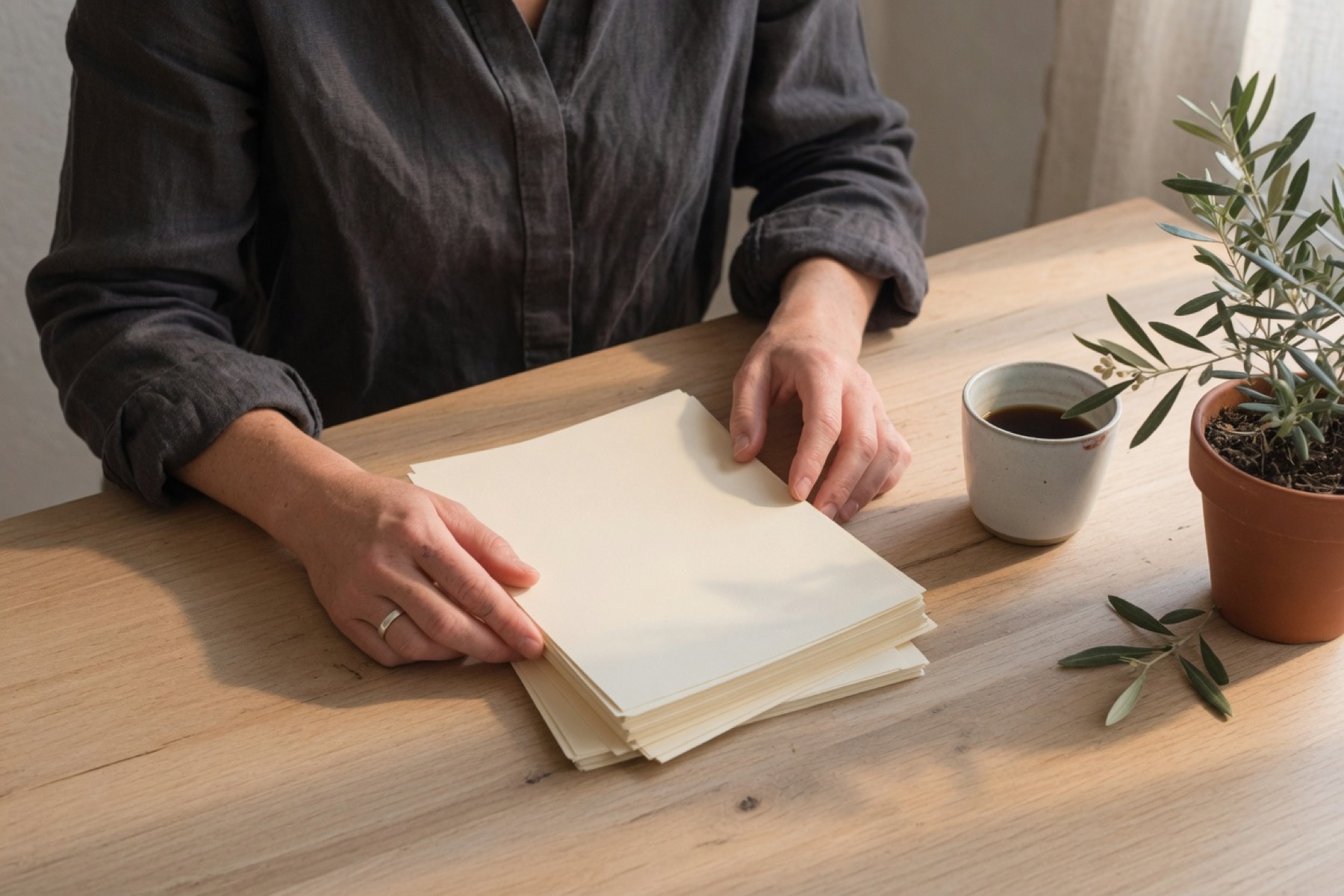 Hands arranging a stack of blank cream letterhead on an oak table.